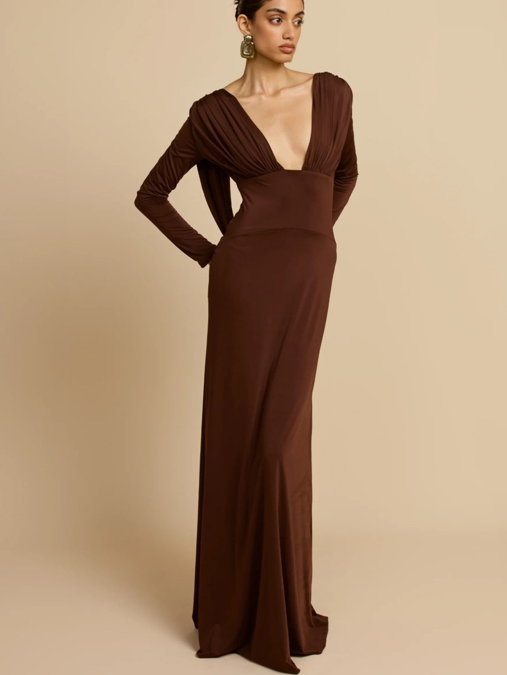 Arcina Ori Lucia Elegant Deep Brown Long Sleeve V-Neck Evening Dress